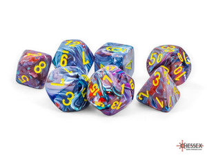 A set of 7 oversized polyhedral dice with differing numbers of sides made with a swirl pf purple, blue, red, and green resin and with yellow numerals.