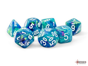 A set of 7 oversized polyhedral dice with differing numbers of sides made with a swirl of purple, blue, and green resin and with white numerals.