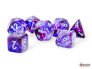 A set of 7 oversized polyhedral dice with differing numbers of sides made with a swirl pf purple, blue, and pink resin and with turquoise numerals.