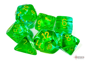A set of 7 polyhedral dice with differing numbers of sides in the translucent colors of green and teal with yellow numerals.