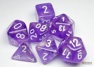 A set of 7 polyhedral dice with differing numbers of sides in the color light purple with white numerals. A set of 7 polyhedral dice with differing numbers of sides in the color light purple with white numerals.