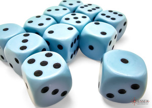 A pile of opaque pastel blue 6 sided dice with black number pips. A pile of opaque pastel blue 6 sided dice with black number pips.