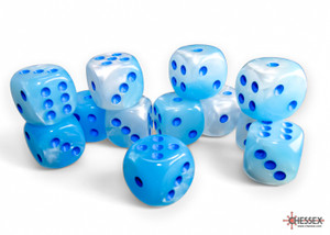 A pile of translucent turquoise and white swirled 6 sided dice with blue number pips. A pile of translucent turquoise and white swirled 6 sided dice with blue number pips.