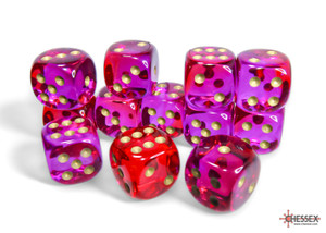 A pile of translucent red and violet swirled 6 sided dice with golden number pips.