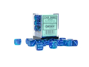 A stack of 36 translucent 6 sided dice in two different shades of blue and stacked in a 4 x 3 x 3 tower with light blue number pips around a plastic case to hold them. A stack of 36 translucent 6 sided dice in two different shades of blue and stacked in a 4 x 3 x 3 tower with light blue number pips around a plastic case to hold them.