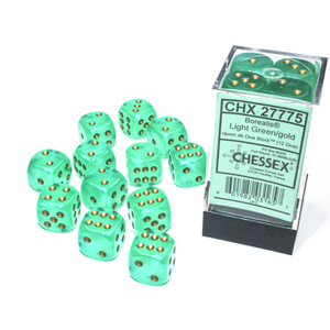 A pile of 12 light green, translucent 6-sided dice with gold number pips that sits next to a plastic container designed to hold them with the product number on display. A pile of 12 light green, translucent 6-sided dice with gold number pips that sits next to a plastic container designed to hold them with the product number on display.