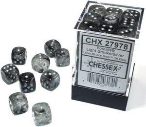 A pile of smoky, translucent 6-sided dice with silver number pips that sits next to a plastic container designed to hold them with the product number on display. A pile of smoky, translucent 6-sided dice with silver number pips that sits next to a plastic container designed to hold them with the product number on display.