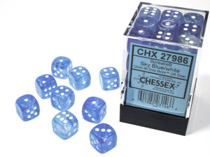 A pile of light blue 6-sided dice with white number pips that sits next to a plastic container designed to hold them with the product number on display. A pile of light blue 6-sided dice with white number pips that sits next to a plastic container designed to hold them with the product number on display.