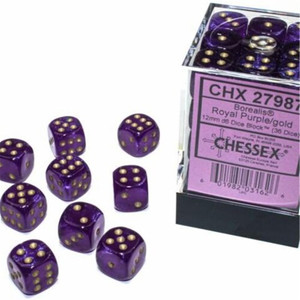 A pile of purple 6-sided dice with gold number pips that sits next to a plastic container designed to hold them with the product number on display. A pile of purple 6-sided dice with gold number pips that sits next to a plastic container designed to hold them with the product number on display.