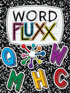 A card game titled "Word Fluxx" in large, multicolor font at the top of the cover.  The rest of it is designed to look like a school journal. woth black and white marbled designs.  Various letters and symbols dot the face of the journal, outlines like stickers placed on top.
