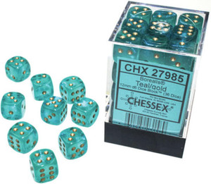 A pile of teal, translucent and sparkly 6 sided dice in a 4 x 3 x 3 tower with golden number pips.