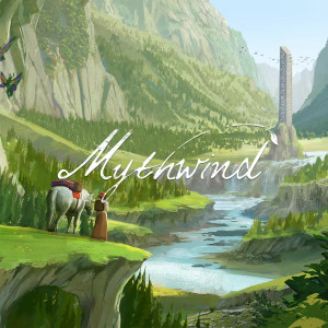 A board game titled “Mythwind” in large, white, cursive script font across the center of the cover. Behind the title is a painted landscape featuring a cliff overlooking verdant valley on either side of a meandering river. A saddled white horse and woman in a cream shirt and reddish brown skirt stand on the cliff, and the river is fed by a waterfall in the distance, splitting which stands a large obelisk with glowing runes running up its sides. A board game titled “Mythwind” in large, white, cursive script font across the center of the cover. Behind the title is a painted landscape featuring a cliff overlooking verdant valley on either side of a meandering river. A saddled white horse and woman in a cream shirt and reddish brown skirt stand on the cliff, and the river is fed by a waterfall in the distance, splitting which stands a large obelisk with glowing runes running up its sides.