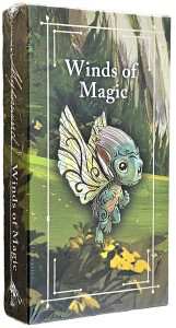 A board game expansion titled “Mythwind: Winds of Magic” with the first half of the title in a white cursive font down the spine and the second half at the top of the small cover. The art features a small sprite with green skin marked with black swirling designs and white hair that juts directly back off of their head. They have insectile wings with matching swirling black designs and two large eyes that are mostly yellow iris with large, round pupils. Behind them is an out of focus green valley. A board game expansion titled “Mythwind: Winds of Magic” with the first half of the title in a white cursive font down the spine and the second half at the top of the small cover. The art features a small sprite with green skin marked with black swirling designs and white hair that juts directly back off of their head. They have insectile wings with matching swirling black designs and two large eyes that are mostly yellow iris with large, round pupils. Behind them is an out of focus green valley.