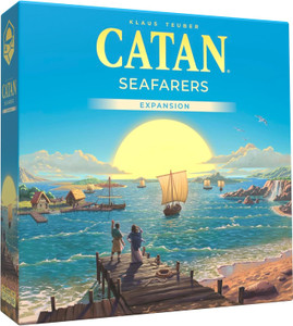 A board game expansion titled "CATAN: Seafarers Expansion" in gold letters at the top of the cover. below, the art features people standing and waving on a sandy beach in front of the expanse of a sea whose waves break in a hexagonal pattern that mimics the pieces of the game board. Several sail ships journey off into the background before a large, setting or rising sun at the horizon. A board game expansion titled "CATAN: Seafarers Expansion" in gold letters at the top of the cover. below, the art features people standing and waving on a sandy beach in front of the expanse of a sea whose waves break in a hexagonal pattern that mimics the pieces of the game board. Several sail ships journey off into the background before a large, setting or rising sun at the horizon.