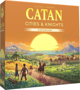 A board game expansion titled "CATAN: Cities & Knights Expansion" in large, yellow letters at the top of the mustard cover. The art below features a large sunrise or sunset over a lush island dotted with fields of wheat, forests, and pastures filled with sheep. Castles stretch across the right side of the landscape, people tend the fields, and a rider on horseback travels the cobblestone road toward the foreground with his hand raised. Ships draw near at the shoreline in the distance. A board game expansion titled "CATAN: Cities & Knights Expansion" in large, yellow letters at the top of the mustard cover. The art below features a large sunrise or sunset over a lush island dotted with fields of wheat, forests, and pastures filled with sheep. Castles stretch across the right side of the landscape, people tend the fields, and a rider on horseback travels the cobblestone road toward the foreground with his hand raised. Ships draw near at the shoreline in the distance.