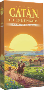 A board game expansion titled "CATAN: Cities & Knights 5-6 Player Expansion" in large, golden letters at the top of the thin cover.  The art below features a large sunrise or sunset over a lush island dotted with fields of wheat, forests, and pastures filled with sheep.  Castles stretch across the right side of the landscape, people tend the fields, and a rider on horseback travels the cobblestone road toward the foreground with his hand raised.  Ships draw near at the shoreline in the distance. A board game expansion titled "CATAN: Cities & Knights 5-6 Player Expansion" in large, golden letters at the top of the thin cover.  The art below features a large sunrise or sunset over a lush island dotted with fields of wheat, forests, and pastures filled with sheep.  Castles stretch across the right side of the landscape, people tend the fields, and a rider on horseback travels the cobblestone road toward the foreground with his hand raised.  Ships draw near at the shoreline in the distance.