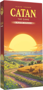 A board game expansion titled "CATAN: The Game - 5-6 Player Expansion" in large, yellow letters across the top of the cover. The art below features a red sunset over an island with rolling hills. Some hills are covered in wheat fields, some sheep, and some have forest land. People dot the landscape, all watching the sunset before them. A board game expansion titled "CATAN: The Game - 5-6 Player Expansion" in large, yellow letters across the top of the cover. The art below features a red sunset over an island with rolling hills. Some hills are covered in wheat fields, some sheep, and some have forest land. People dot the landscape, all watching the sunset before them.