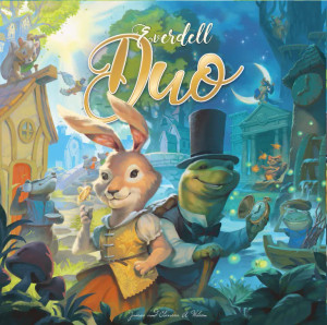 Board game box titled "Everdell Duo" in golden lettering. Art features a hare in a red dress and yellow vest and a tortoise in a top hat and suit holding a pocket watch. Behind them lays a forest village, separated between night and day. Board game box titled "Everdell Duo" in golden lettering. Art features a hare in a red dress and yellow vest and a tortoise in a top hat and suit holding a pocket watch. Behind them lays a forest village, separated between night and day.