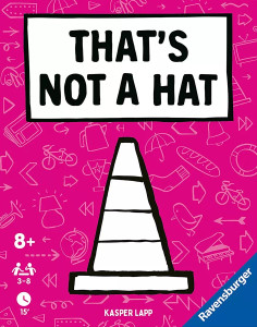 Board game box titled "That's Not a Hat" in a white text box against a pink background. Under the title is a white traffic cone, and there are multiple etchings of different objects in the pink background, such as a bicycle, a trophy, and a baguette.