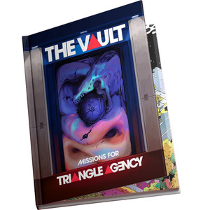 An RPG book titled "The Vault - Missions for Triangle Agency" at the top and bottom of the cover.  The lettering features triangles where A's would be - 3 of them, to be exact, like the number of side in the shape.  Behind the title lines is artwork of a white, serpentine creature with three eyes facing the viewer.  Its mouth is wrapped around the lock mechanism to a vault, and its coils are shoved into what look like safe walls.  It has cracks in its skin that reveal voids, faints stars glimmering within them
