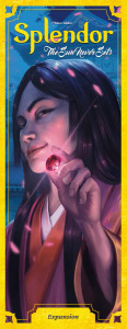 Board game expansion titled "Splendor: The Sun Never Sets". The cover features a woman standing with a red gem pinched between her thumb and forefinger. The gem glows and reflects off her face. Cherry blossoms fall around her. Board game expansion titled "Splendor: The Sun Never Sets". The cover features a woman standing with a red gem pinched between her thumb and forefinger. The gem glows and reflects off her face. Cherry blossoms fall around her.