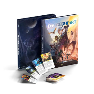 An RPG set titled "Daggerheart" with several items included.  The foremost is a Core Rulebook that features a spread of magical beings, from bipedal to bug, over the backdrop of an outdoor, mountainous area.  Half of the artwork is filled with a blast of fire, the other half a blue sky.  Another item in the set is a equally sized container that has a dark blue exterior and a ghostly stag in the center.  The last items are illustrated cards set up in a fan to display their artwork - each featuring an item, character trait, or spell with fantasy art above and a description below.