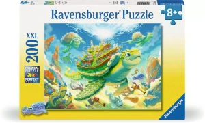 A puzzle with the words “Ravensburger Puzzle” at the top and the number ‘200’ along the left side of the cover.  Beside it is a puzzle piece with ‘XL’ inside.  Below is an image of the finished puzzle, which features a digital painting of a cartoon turtle swimming through the ocean with a little fantasy village atop its back, algae waving in the current and multiple tiers of shell creating a cascading mountain.