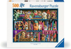 A puzzle with the words "Ravensburger Puzzle" and the number '500' at the top of the white bordered cover.  In the middle is an image of a shelving unit with some books and more porcelain dog figurines of various shapes, sizes, and breeds.