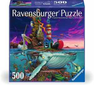 A puzzle with the heading "Ravensburger Puzzle" at the top and the number '500' in the bottom left corner.  The artwork behind it features a wale with an island of what looks to be the last remaining wall of a house atop its back.  Beside it are pelicans with unicorn horns, and more seabirds roost or swim around it.