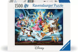 A puzzle with the words "Ravensburger Puzzle" and the number '1500' at the top of the white bordered cover. In the middle is an image of many classic Disney characters frolicking through magic between the pages of a book. A puzzle with the words "Ravensburger Puzzle" and the number '1500' at the top of the white bordered cover. In the middle is an image of many classic Disney characters frolicking through magic between the pages of a book.