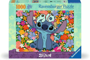 A puzzle with the words "Ravensburger Puzzle" and the number '1000' at the top of the light green, flower-printed bordered cover. In the middle is an image of a blue, dog-like alien creature named 'Stitch' from a popular Disney animated film. He sits in a field of flowers with a little pale green, stitched doll possessing a single tuff of hair in a bow atop its head. A puzzle with the words "Ravensburger Puzzle" and the number '1000' at the top of the light green, flower-printed bordered cover. In the middle is an image of a blue, dog-like alien creature named 'Stitch' from a popular Disney animated film. He sits in a field of flowers with a little pale green, stitched doll possessing a single tuff of hair in a bow atop its head.