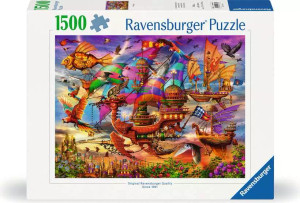 A puzzle with the words "Ravensburger Puzzle" and the number '1500' at the top of the white bordered cover. In the middle is an image of a colorful sky full of steampunk fantasy sailboats built to fly instead of sail the ocean. One is shaped like a goldfish. A puzzle with the words "Ravensburger Puzzle" and the number '1500' at the top of the white bordered cover. In the middle is an image of a colorful sky full of steampunk fantasy sailboats built to fly instead of sail the ocean. One is shaped like a goldfish.