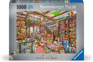 A puzzle with the words "Ravensburger Puzzle" and the number '1000' at the top of the grey bordered cover.  In the middle is an image of an exorbitantly well-stocked children's toy store.  All items are brightly colored, diverse in design, and grouped based on what they are.  Shelves line the walls ceiling high of figures, books, and plushes,  Dolls stand grouped around a staircase to the second floor.  Blocks litter the center of the room atop a rainbow carpet.