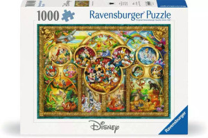 A puzzle with the words "Ravensburger Puzzle" and the number '1000' at the top of the white bordered cover. In the middle is an image of a stained glass-like arrangement of classic Disney movie scenes. The design features a mouse-like shape in the center and otherwise gothic windows. A puzzle with the words "Ravensburger Puzzle" and the number '1000' at the top of the white bordered cover. In the middle is an image of a stained glass-like arrangement of classic Disney movie scenes. The design features a mouse-like shape in the center and otherwise gothic windows.