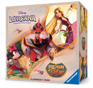 A TCG product box titled "Disney Lorcana: Reign of Jafar - Illumineer's Trove" across the top and bottom of the cover.  The background is mostly a sandy beige with cover art in a ribbon diagonally across the center.  The ribbon features artwork of a cartoon mouse wearing armor and a pink bow and carrrying a shield; a man with absolutely massive shoulder pads, a curly goat-tee, spiked crown, and a wicked grin; a woman with long blonde hair reaching in to a glowing pouch on her hip.
