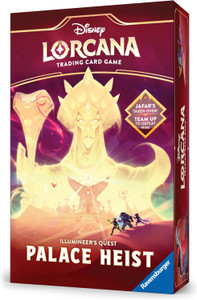 A TCG play kit titled "Disney Lorcana: Illumineer's Quest - Palace Heist" across the top and bottom of the box. The background is a deep, burnt red and the art features a desert scene in front of a fantastical palace with towering spires and branching, spiked rooves. Behind it rises the flowing, ethereal visage of an imposing man with a long case, swirled goat-tee, curved shoulder pads, snake staff, puffy triangle-shaped hat, and a spiked crown. Three people stand small in the foreground before the palace, weapons in hand. A TCG play kit titled "Disney Lorcana: Illumineer's Quest - Palace Heist" across the top and bottom of the box. The background is a deep, burnt red and the art features a desert scene in front of a fantastical palace with towering spires and branching, spiked rooves. Behind it rises the flowing, ethereal visage of an imposing man with a long case, swirled goat-tee, curved shoulder pads, snake staff, puffy triangle-shaped hat, and a spiked crown. Three people stand small in the foreground before the palace, weapons in hand.