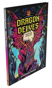 An RPG book titled "Dungeons & Dragons: Dragon Delves - Adventure Anthology" across the top and the bottom of the cover. The top part of the title is bright yellow and large, and beneath it is intricate, technicolor artwork of a dragon with magenta scales and its wings raised. It sits atop a rocky perch with its mouth open and pointed tongue curling over sharp teeth. Around the cover's border are more dragons in dark blues and purples, and at the top is a fiery dragon's eye. An RPG book titled "Dungeons & Dragons: Dragon Delves - Adventure Anthology" across the top and the bottom of the cover. The top part of the title is bright yellow and large, and beneath it is intricate, technicolor artwork of a dragon with magenta scales and its wings raised. It sits atop a rocky perch with its mouth open and pointed tongue curling over sharp teeth. Around the cover's border are more dragons in dark blues and purples, and at the top is a fiery dragon's eye.