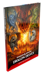 An RPG book titled "Dungeons & Dragons: Dragon Delves - Adventure Anthology" in white font across the bottom of the cover. The art above features five dragons: a black one with curved ram's horns; a blue one with spikes down its back and a horn on the tip of its snout; one that's central on the page, red, and with two sets of horns curving back from its head; a green dragon with no horns and a sleep, whip-like body; a white, stout one with a beak-like snout. An RPG book titled "Dungeons & Dragons: Dragon Delves - Adventure Anthology" in white font across the bottom of the cover. The art above features five dragons: a black one with curved ram's horns; a blue one with spikes down its back and a horn on the tip of its snout; one that's central on the page, red, and with two sets of horns curving back from its head; a green dragon with no horns and a sleep, whip-like body; a white, stout one with a beak-like snout.