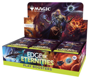 A TCG booster box titled “Magic: the Gathering - Edge of Eternities: Play Boosters.”  The art on the box features a lime green stripe at the bottom, above which is a space scene featuring star ships and a space station with large, ovular arches.  A man with long white hair, shiny plate armor, and ragged robes stands in a power stance on the display tab.  Behind him is a collapsing planet and swirling nebulae.