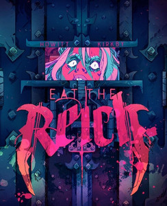 An RPG book titled "Eat the Reich"  in neon pink, gothic font and taking up most of the bottom half of the cover.  The art is mostly dark blue and depicts a metal case with studs and strips of reenforcing across the trunk-like lid.  There is a window cut out of the cover to reveal part of the face of a long-haired, wild-eyed person colored in a similar pink as the title.