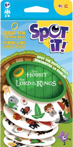 Board game blister titled "Spot It!: Lord of the Rings" featuring art of a hobbit hole door, with cards spilling out from it. Each card features icons such as a golem, the Eye of Sauron, Galadriel, and more! Board game blister titled "Spot It!: Lord of the Rings" featuring art of a hobbit hole door, with cards spilling out from it. Each card features icons such as a golem, the Eye of Sauron, Galadriel, and more!