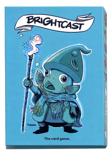 Board game titled "Brightcast". Featuring art of an anthropomorphic fish wearing robes and scarves holding a staff against a baby blue background. Board game titled "Brightcast". Featuring art of an anthropomorphic fish wearing robes and scarves holding a staff against a baby blue background.
