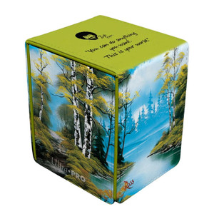A leatherette deck box with a print of a painting by Bob Ross titled "Lakeside Path", which features a crystalline lake flanked by grassy shores and birch trees. A leatherette deck box with a print of a painting by Bob Ross titled "Lakeside Path", which features a crystalline lake flanked by grassy shores and birch trees.