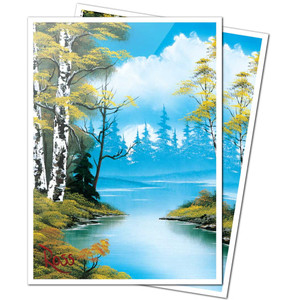 Trading car protective sleeves with prints of Bob Ross' "Lakeside Path", which features a crystalline lake flanked by grassy shores and birch trees. Trading car protective sleeves with prints of Bob Ross' "Lakeside Path", which features a crystalline lake flanked by grassy shores and birch trees.
