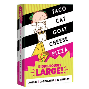 Image of the Taco Cat Goat Cheese Pizza: Ridiculously Large box. The cover art features illustrations of each title object or animal on a vibrant pink, yellow, black and white background. "RIDICULOUSLY LARGE!" is emphasized at the bottom on a yellow explosion. Image of the Taco Cat Goat Cheese Pizza: Ridiculously Large box. The cover art features illustrations of each title object or animal on a vibrant pink, yellow, black and white background. "RIDICULOUSLY LARGE!" is emphasized at the bottom on a yellow explosion.