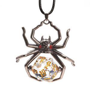 A necklace with a spider pendant that has a space in its abdomen for a D20. The D20 in question is a transparent, sharp-edge, liquid-core die with black glitter inclusions. It all hangs from a leather strap. A necklace with a spider pendant that has a space in its abdomen for a D20. The D20 in question is a transparent, sharp-edge, liquid-core die with black glitter inclusions. It all hangs from a leather strap.