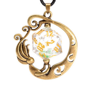 A necklace with a mermaid pendant that has a space in its abdomen for a D20. The D20 in question is a transparent, sharp-edge, liquid-core die with green glitter inclusions. It all hangs from a leather strap. A necklace with a mermaid pendant that has a space in its abdomen for a D20. The D20 in question is a transparent, sharp-edge, liquid-core die with green glitter inclusions. It all hangs from a leather strap.