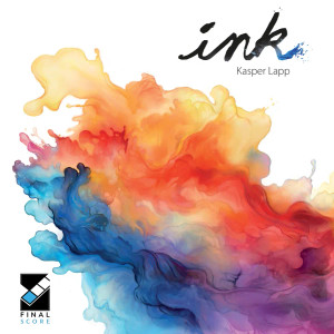 A board game titled "Ink" in swirling, hand-written black script in the upper left corner of the white background.  Below is a swath of yellow, orange, red, blue, and purple ink that takes up the majority of the space. A board game titled "Ink" in swirling, hand-written black script in the upper left corner of the white background.  Below is a swath of yellow, orange, red, blue, and purple ink that takes up the majority of the space.
