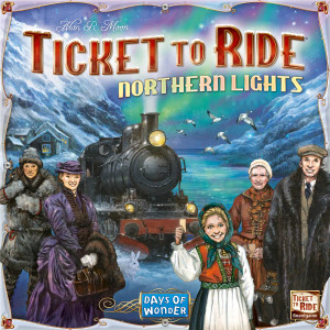 Board game titled "Ticket to Ride: Northern Lights" featuring art of a black train against an icy tundra background. In the night sky are the greens and purples of the aurora borealis. Multiple people are standing at the fore of the picture in warm, Victorian clothing. Board game titled "Ticket to Ride: Northern Lights" featuring art of a black train against an icy tundra background. In the night sky are the greens and purples of the aurora borealis. Multiple people are standing at the fore of the picture in warm, Victorian clothing.