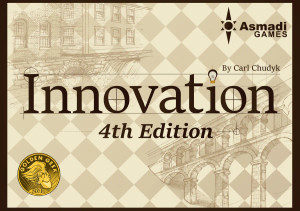 Board game titled "Innovation" against a cream and light cream checkerboard background. A sketched aqueduct can be seen in the background. Board game titled "Innovation" against a cream and light cream checkerboard background. A sketched aqueduct can be seen in the background.